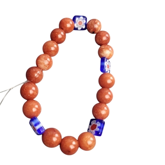 Red Coral Stone Millefiori Lampwork Glass Stretch Bracelet - Picture 2 of 2